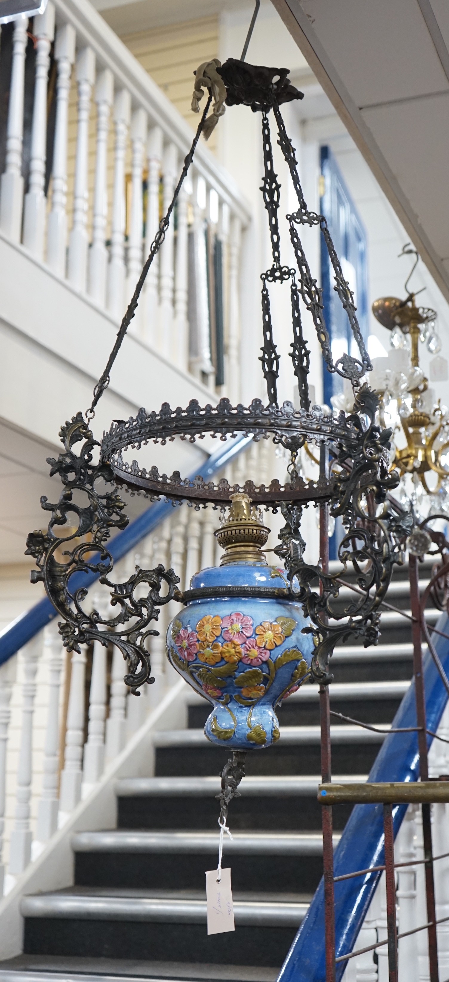 A Victorian ceiling pendant oil lamp rococo style cast brass frame, approximately 96cms high